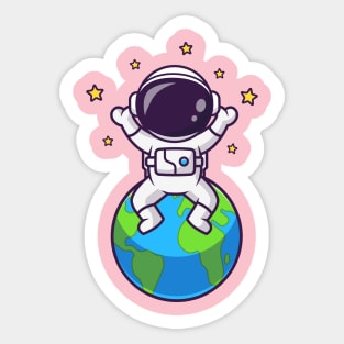 Cute Astronaut Sitting On Earth With Star Cartoon Sticker